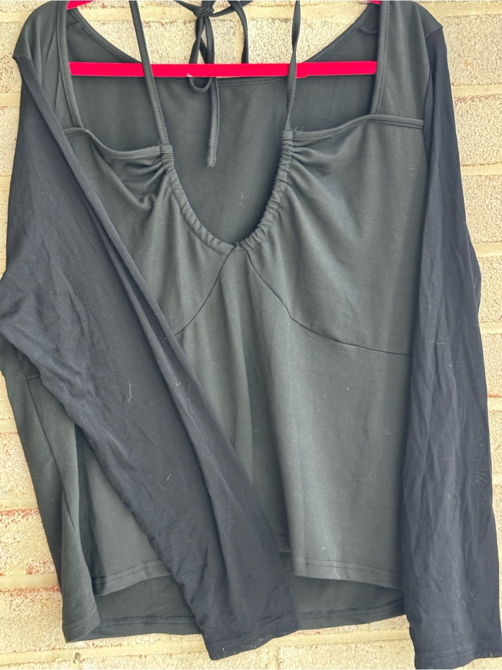 SHEIN Black Long Sleeve Scoop Neck Tie-Back Top